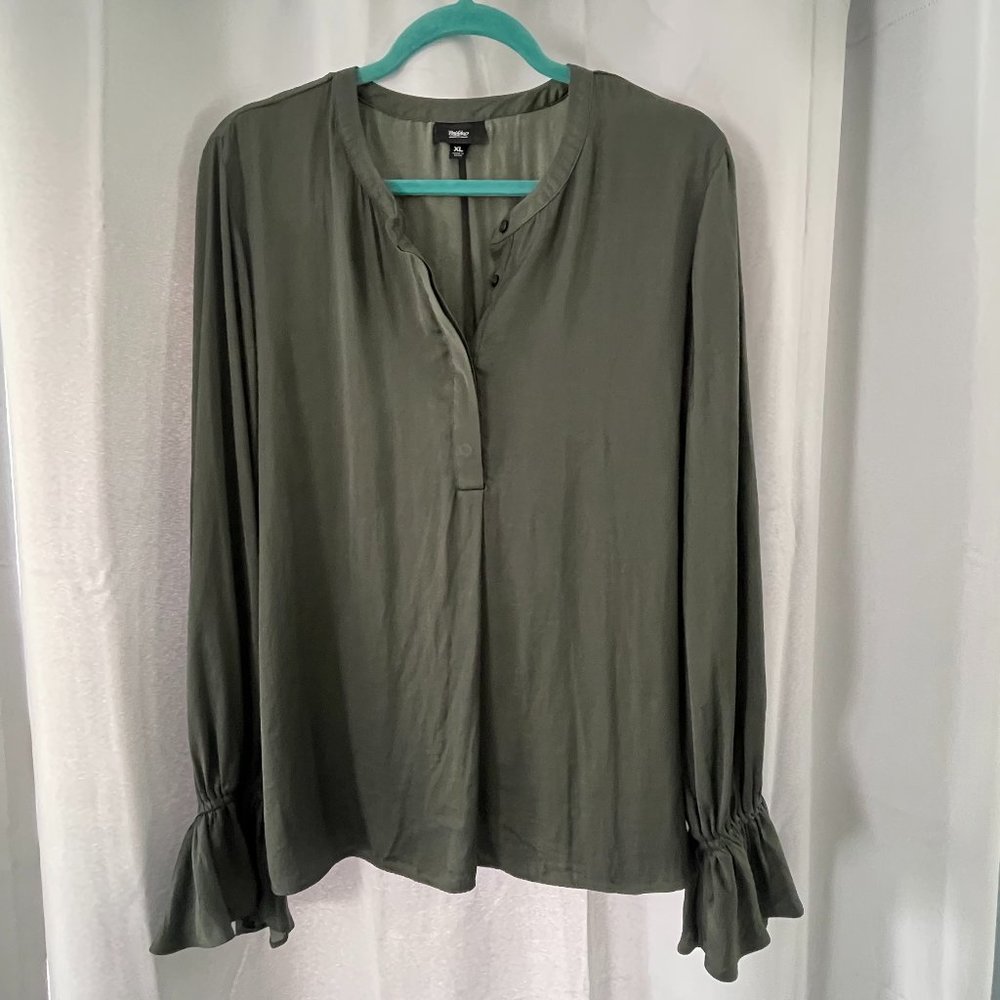 Mossimo Olive Green Bell Sleeve Satin Top XL